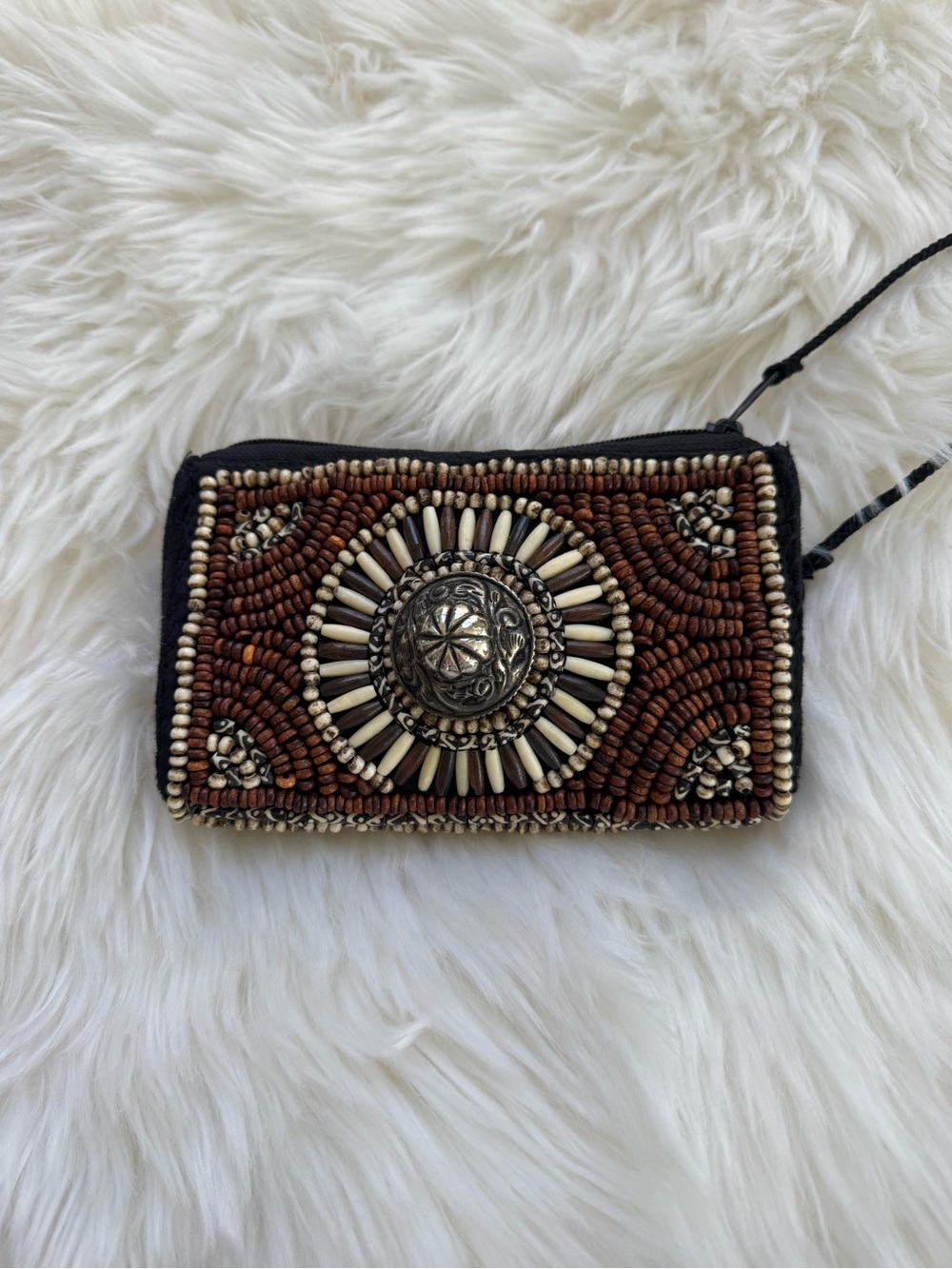 Hand-Beaded Brown and Ivory Crossbody Wallet with Silver Accent
